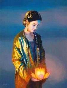 mujer oriental luz flor de loto